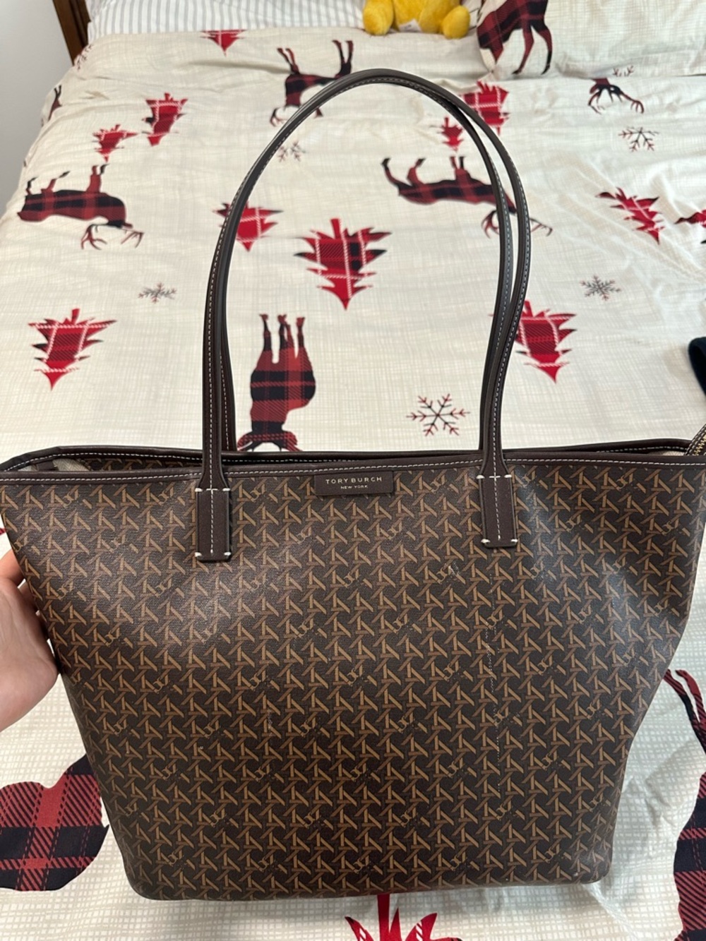 Tory Burch Brown Monogrammed Tote with Dark Brown Handles